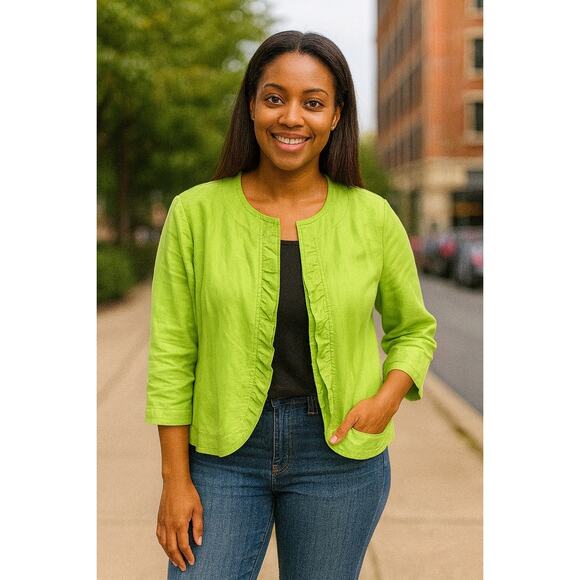 Kim Rogers Petite Linen Jacket P
Medium Green Ruffle Trim Open Front 3/4 Sleeve - Picture 1 of 9